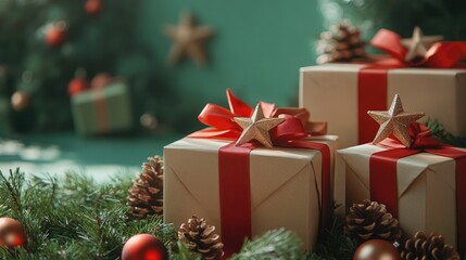 A festive arrangement of beautifully wrapped gift boxes with red and gold ribbons, accented by rustic star ornaments and pine cones, set against a soft green background with holiday decor.
