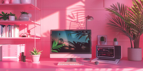 Pink Desk with a Computer and Stationery
