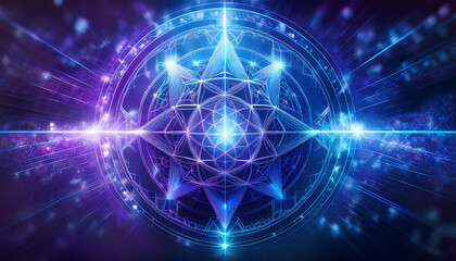 Dynamic magic symbol with geometric patterns, glowing softly in shades of blue and purple.