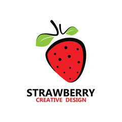Red strawberry logo or icon. Natural organic fresh berry. Summer fruit background. Vegetarian cafe, poster, card and brand company.