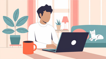 Fototapeta premium Man working remotely from home on a laptop with a cat and coffee mug — online education and freelance lifestyle concept