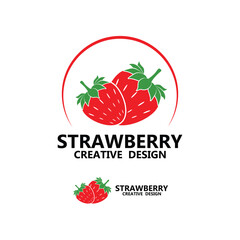 Red strawberry logo or icon. Natural organic fresh berry. Summer fruit background. Vegetarian cafe, poster, card and brand company.