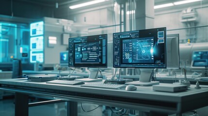 Naklejka premium A sleek computer sits on a desk in a futuristic lab space