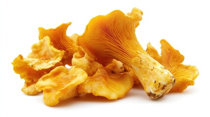 Vibrant yellow chanterelle mushrooms with wavy caps and sturdy stems set against a clean white background, showcasing their unique texture and color.