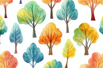 Obraz premium pattern with trees and bushes watercolor illustration on a white background 