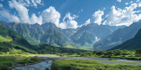 Beautiful River in a Valley Surrounded by Majestic Mountains
