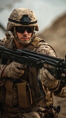 Fototapeta premium Close-up portrait of a soldier in desert camouflage uniform, holding an assault rifle and wearing a helmet with night vision goggles in a combat zone.