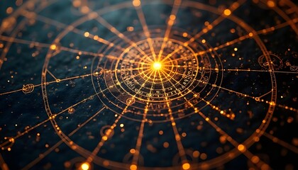 In the dark background, there are complex golden lines, symbols, and constellations, as well as detailed astrological or celestial charts,