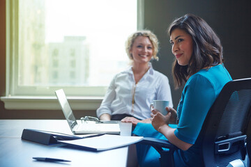 Laptop, documents and women in office together for collaboration, development or business plan. Partnership, finance and project management team in meeting for online budget proposal, report or sales