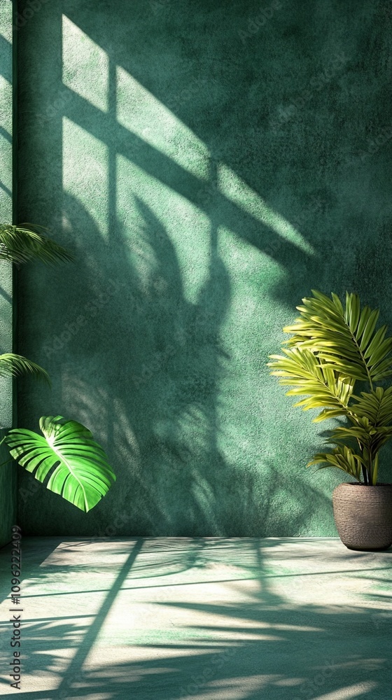 Poster sunlight casts intricate shadows on a teal wall, creating a mesmerizing interplay of light and tropi