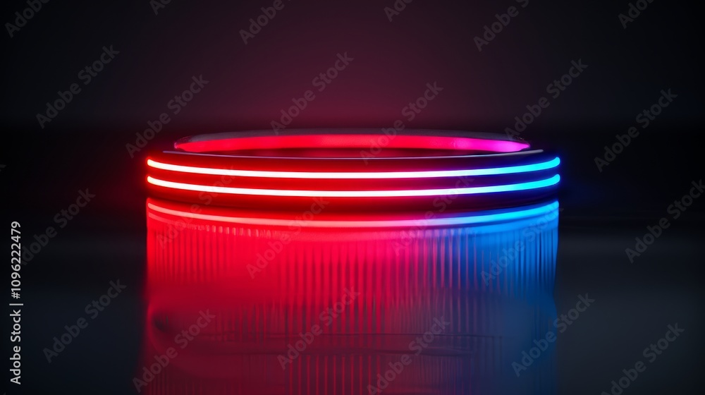 Poster futuristic circular light display in red and blue.