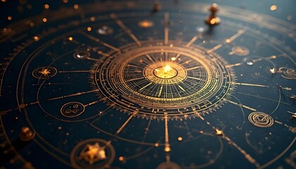 In the dark background, there are complex golden lines, symbols, and constellations, as well as detailed astrological or celestial charts,