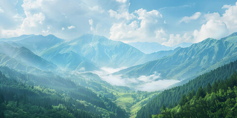 Scenic Green Valley with Trees and Majestic Mountains
