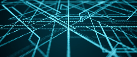Futuristic computer matrix of particles. Microprocessor chip. Digital connection. Blue concept background. Abstract technology background. 3d rendering.