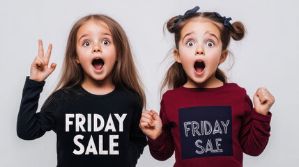 Excited child with surprise expression celebrating a black friday shopping event in a cozy indoor space