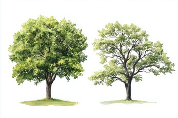 Obraz premium Set of watercolor green trees isolated on a white background, ideal for landscape and architectural drawings, environmental elements, gardens, and botanical spring sections