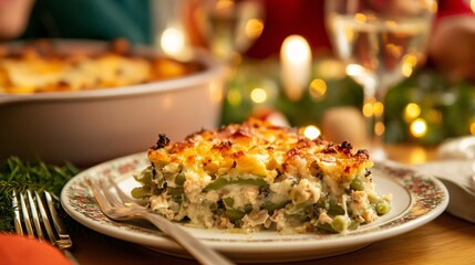 Delicious Homemade Green Bean Casserole on Festive Dinner Table