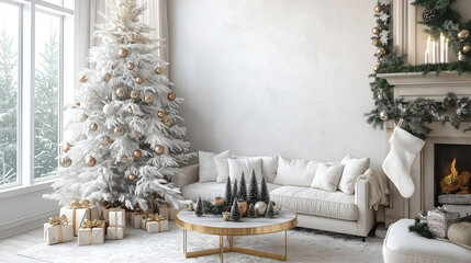 Aesthetic room interior design with Merry Christmas elements. Wall with New Year decoration in the apartment. Holiday tree in the room.