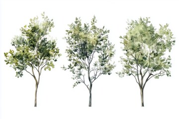 Set of watercolor green trees isolated on a white background, ideal for landscape and architectural drawings, environmental elements, gardens, and botanical spring sections
