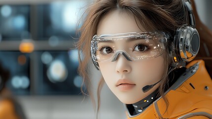 A futuristic office workspace with an ergonomic desk setup, multiple screens displaying data and communication tools, a person multitasking efficiently with augmented reality glasses, reflecting 