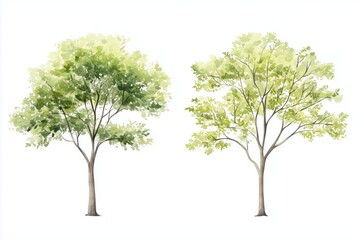 Obraz premium Set of watercolor green trees isolated on a white background, ideal for landscape and architectural drawings, environmental elements, gardens, and botanical spring sections