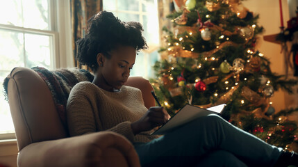 Thoughtful Woman Writing in Notebook by Christmas Tree