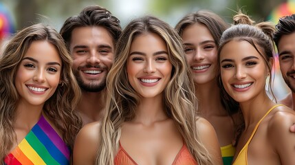 Fototapeta premium A group of LGBTQ+ individuals of various ethnicities and genders celebrating pride in a public park. The scene is filled with vibrant colors and rainbow decorations, with people smiling, dancing, 