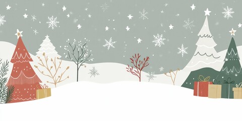 a Christmas banner featuring a snow-covered winter scene, with a beautifully decorated tree at its center, capturing the essence of holiday cheer in a detailed illustration.