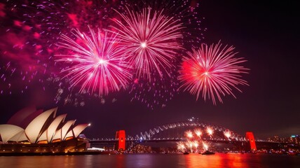 Fototapeta premium New Year s Eve in Sydney, Australia, with fireworks lighting up the Sydney Harbour Bridge and Opera House New Year s Eve, Sydney, fireworks
