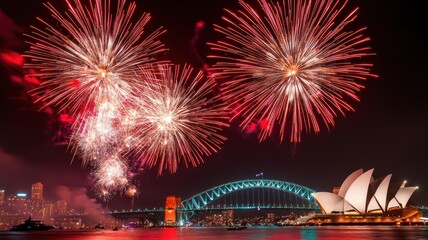 New Year s Eve in Sydney, Australia, with fireworks lighting up the Sydney Harbour Bridge and Opera House   New Year s Eve, Sydney, fireworks