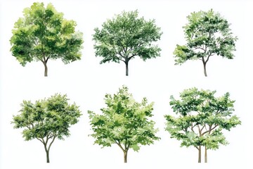 Set of watercolor green trees isolated on a white background, ideal for landscape and architectural drawings, environmental elements, gardens, and botanical spring sections
