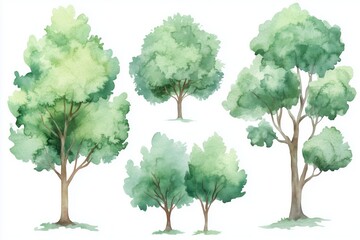 Fototapeta premium Set of watercolor green trees isolated on a white background, ideal for landscape and architectural drawings, environmental elements, gardens, and botanical spring sections
