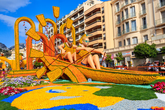 Sculpture made of lemons and oranges in famous Lemon Festival  (Fete du Citron) in Menton, French Riviera, France