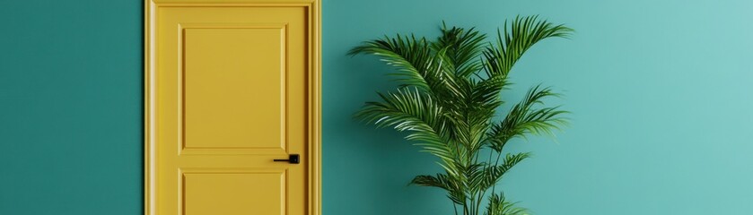 Fototapeta premium A stylish yellow door stands against a vibrant teal wall, accompanied by a lush green plant, creating a fresh and modern aesthetic.