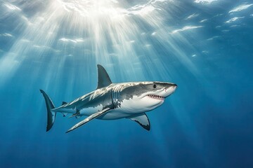 Obraz premium Great White Shark Underwater Profile A powerful great white shark