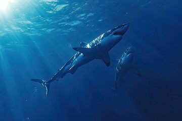 Obraz premium Great White Shark Underwater Profile A powerful great white shark