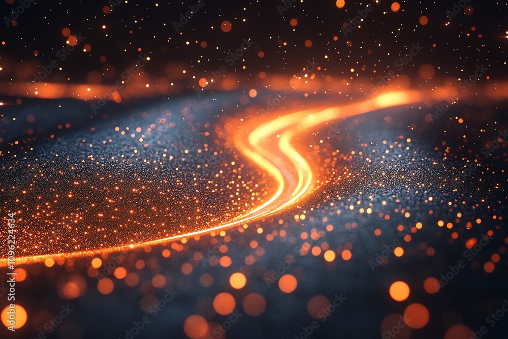 Poster a glowing, abstract landscape with shimmering particles and a flowing light trail.