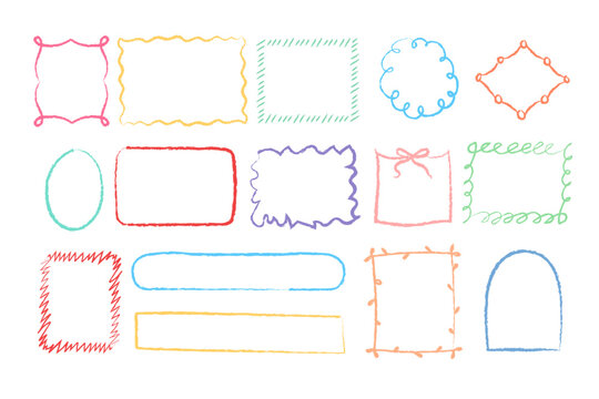 Crayon kid colored frame set. Childlike textured doodle line.  hand drawn colorful frames.Pastel chalk crayon.Set of elements.Speech bubble shapes.