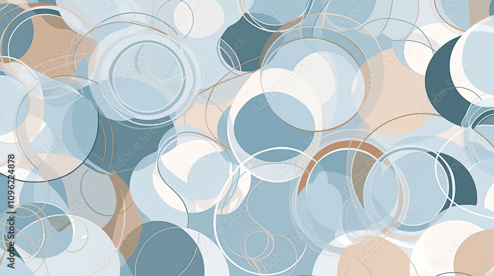 Wall mural abstract design featuring repetitive, rhythmic patterns of soft circles and lines in calming shades 