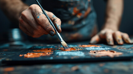 Fototapeta premium A Close-Up View of an Artist's Hand Mixing Paint on a Palette, the Brush Dipped in a Pool of Orange, Ready to Create