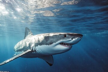 Naklejka premium Great White Shark Underwater Profile A powerful great white shark