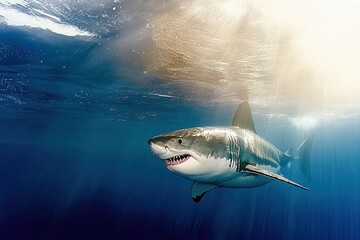 Fototapeta premium Great White Shark Underwater Profile A powerful great white shark