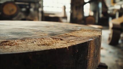 Close-up of freshly cut timber ends displaying rich textures and patterns in a sawmill, highlighting stored logs for future woodworking projects.
