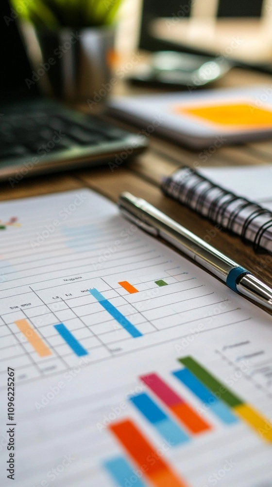 Poster modern workspace with laptop, colorful charts, and pen on desk. close-up view of business analytics 