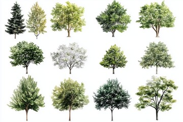 Various green trees, bushes and shrubs, top view for landscape design plan. Vector watercolor illustration, isolated on white background.
