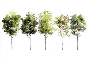 Various green trees, bushes and shrubs, top view for landscape design plan. Vector watercolor illustration, isolated on white background.