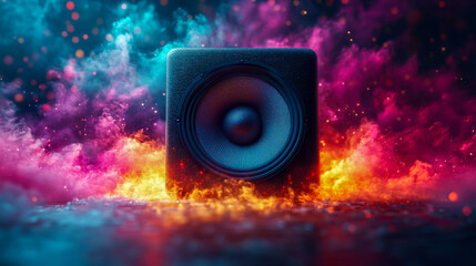Vibrant speaker emitting colorful sound waves in dynamic abstract soundscape