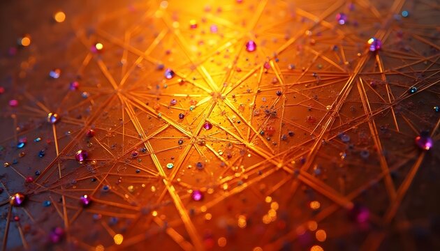 Intersecting lines, shapes, and various shades of red, blue, and purple dots, colored abstract geometric patterns