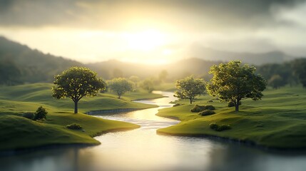 A peaceful nature scene with a gentle river flowing through a soft green landscape. The image focuses on the clean lines and soothing tones of the natural environment, with the sun casting a 