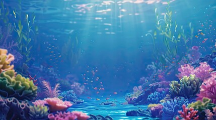 Fototapeta premium The underwater backdrop with clear blue water, colorful coral reefs, and schools of fish swimming around, creates a calm and exotic marine environment.